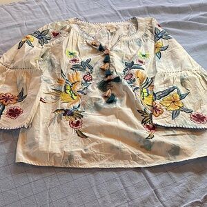 Chico's White Embroidered Peasant Blouse with Multicolor Floral Accents